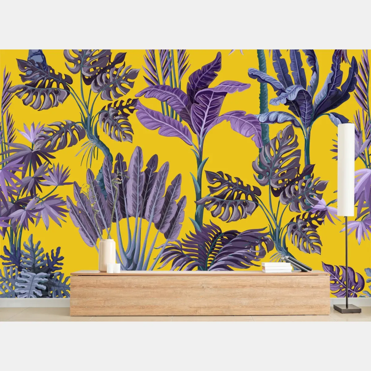 Wall mural tropical purple foliage on yellow background • Wallissimo®