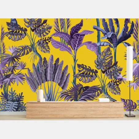 Wall mural tropical purple foliage on yellow background • Wallissimo®