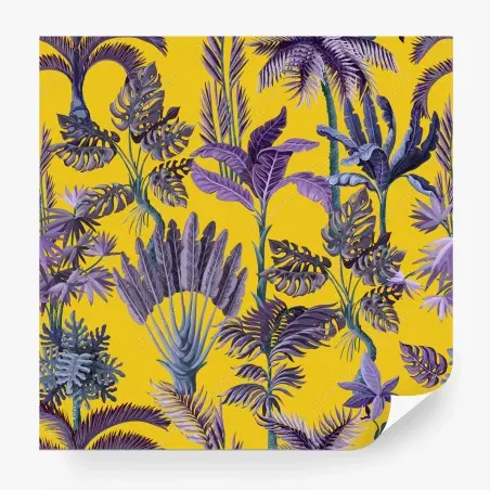 Wall mural tropical purple foliage on yellow background • Wallissimo®