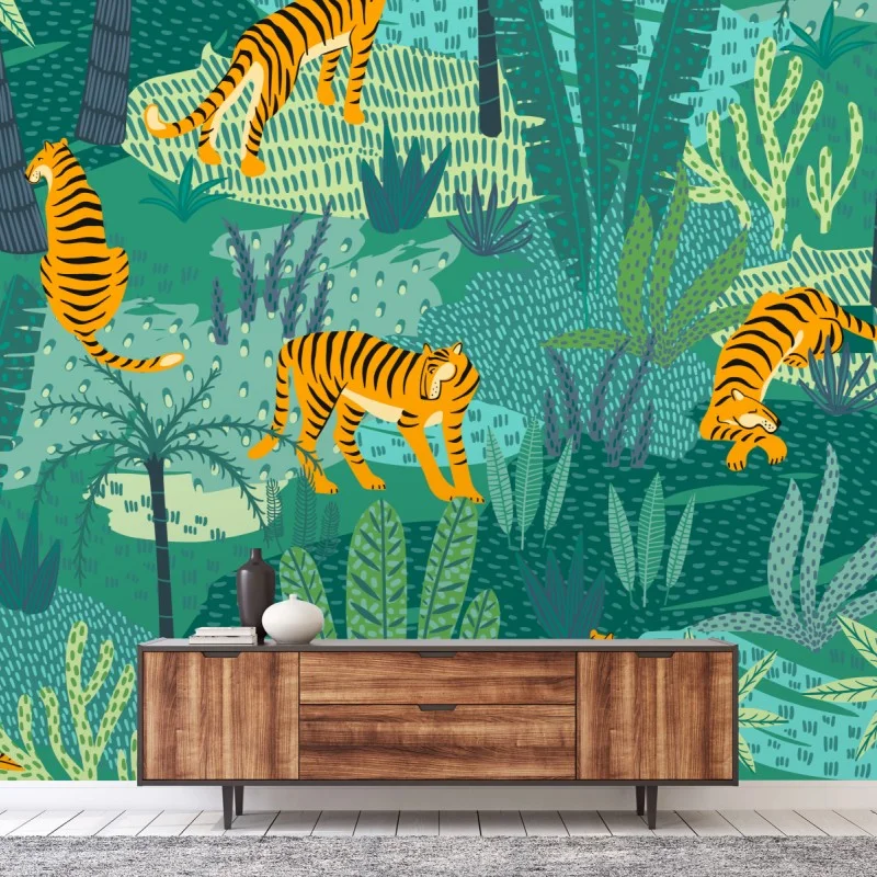 Wall mural tropical jungle with tigers pattern