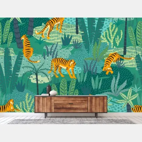 Wall mural tropical jungle with tigers pattern • Wallissimo®