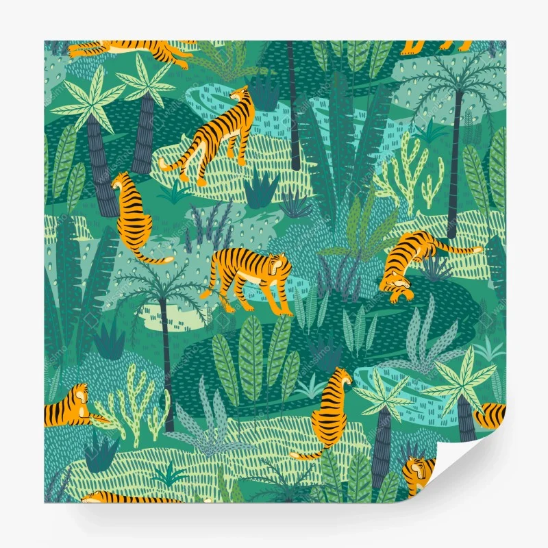 Wall mural tropical jungle with tigers pattern
