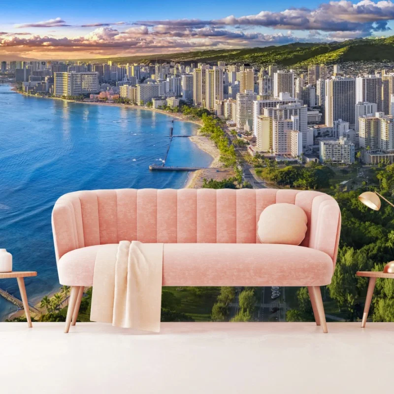 Wall mural coastal city skyline at sunset