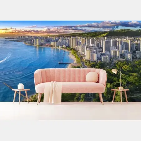 Wall mural coastal city skyline at sunset • Wallissimo®