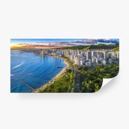 Wall mural coastal city skyline at sunset • Wallissimo®