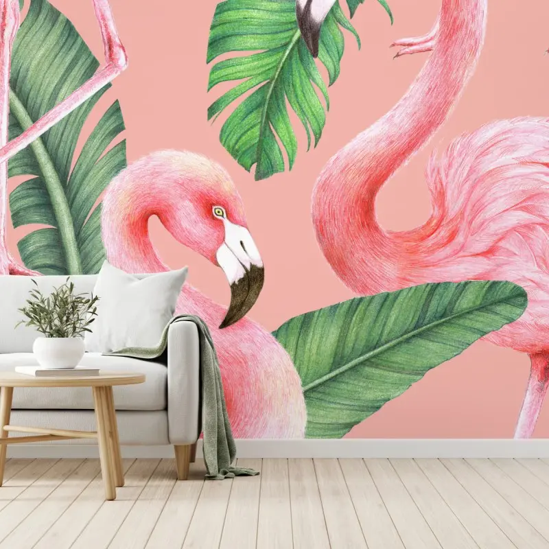 Wall mural pink flamingo pattern with tropical leaves