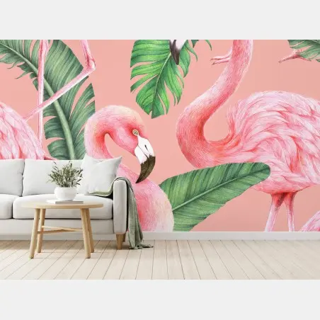 Wall mural pink flamingo pattern with tropical leaves • Wallissimo®