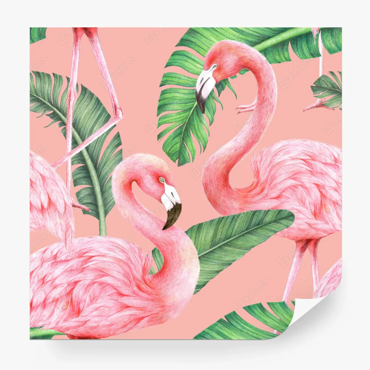 Wall mural pink flamingo pattern with tropical leaves • Wallissimo®
