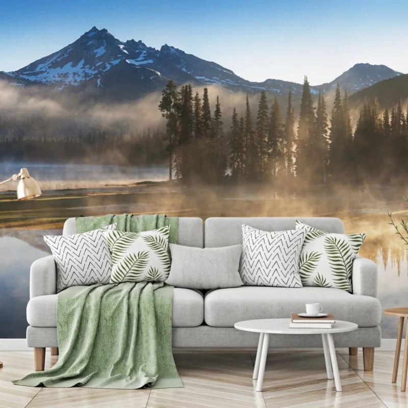 Wall mural misty mountain reflection at sunrise