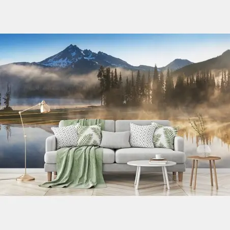 Wall mural misty mountain reflection at sunrise • Wallissimo®
