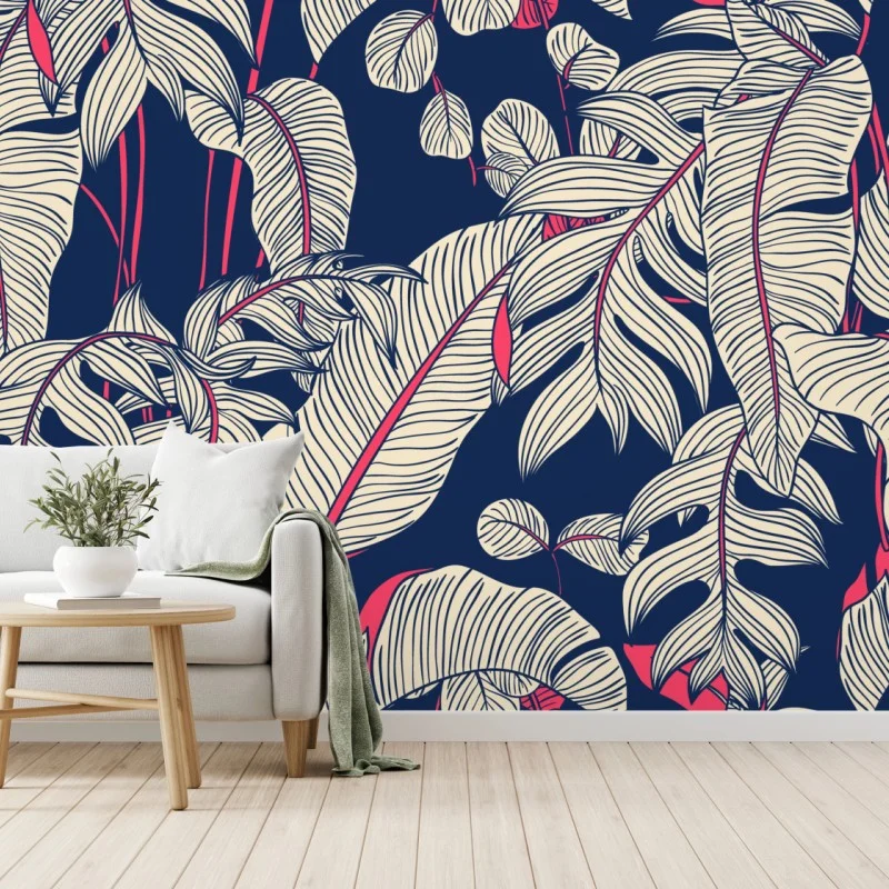 Wall mural navy tropical leaves pattern