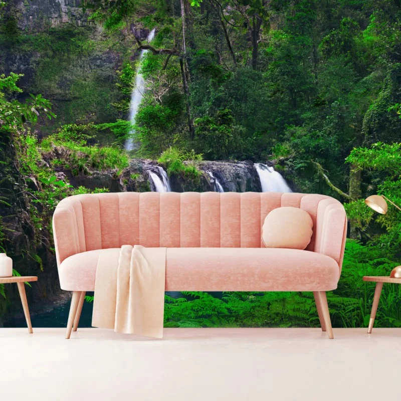 Wall mural calming waterfall in emerald forest