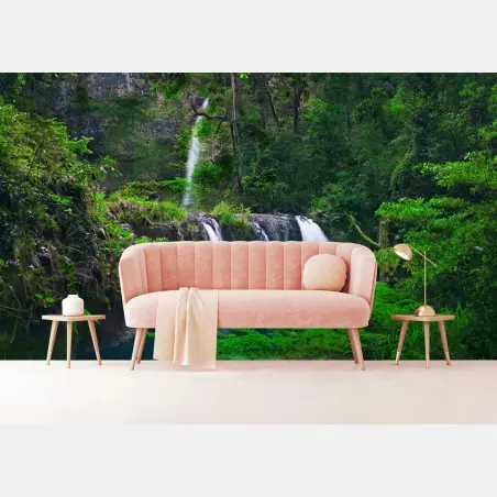 Wall mural calming waterfall in emerald forest • Wallissimo®