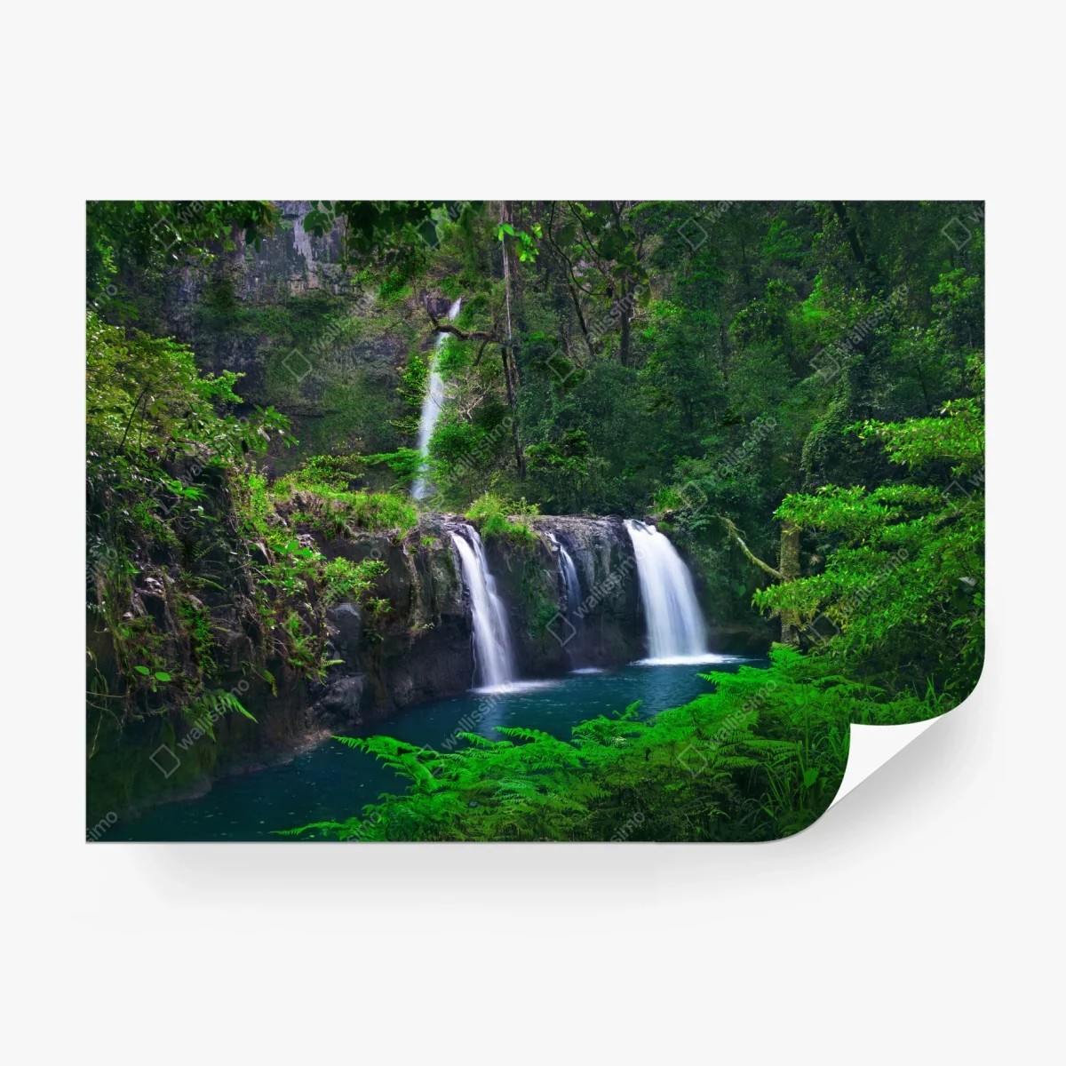 Wall mural calming waterfall in emerald forest • Wallissimo® Wall mural calming waterfall in emerald forest • Wallissimo®