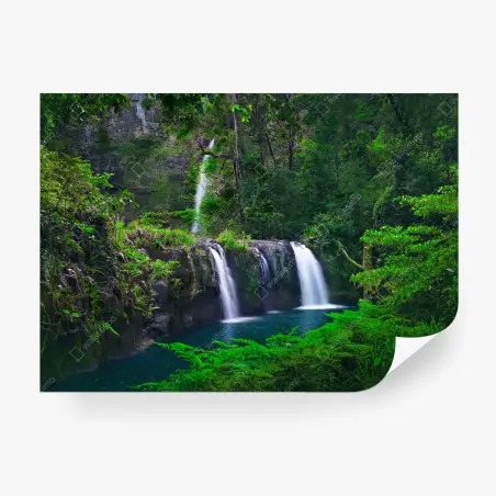 Wall mural calming waterfall in emerald forest • Wallissimo®