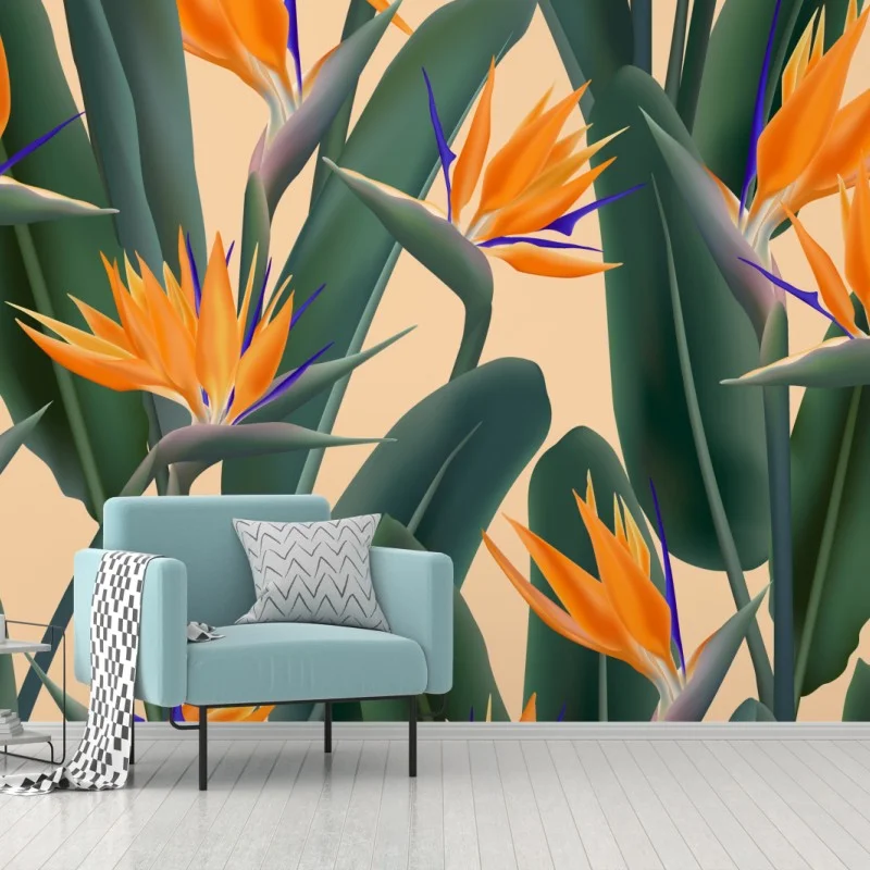 Wall mural tropical bird of paradise floral pattern