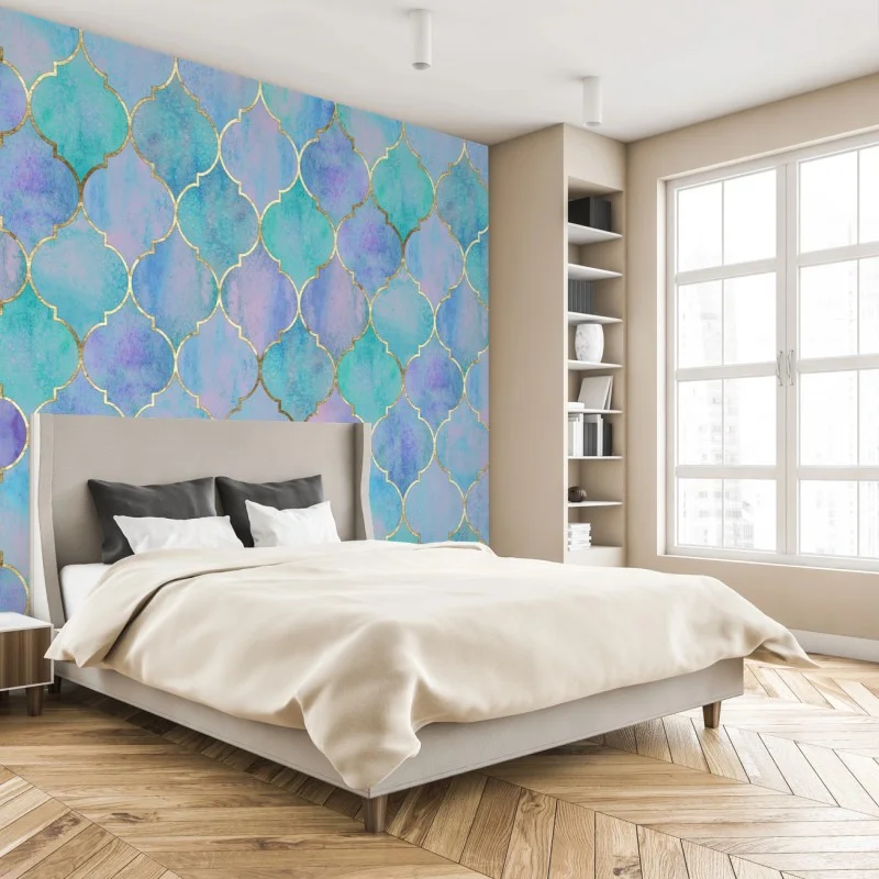 Wall mural pastel turquoise moroccan tile pattern