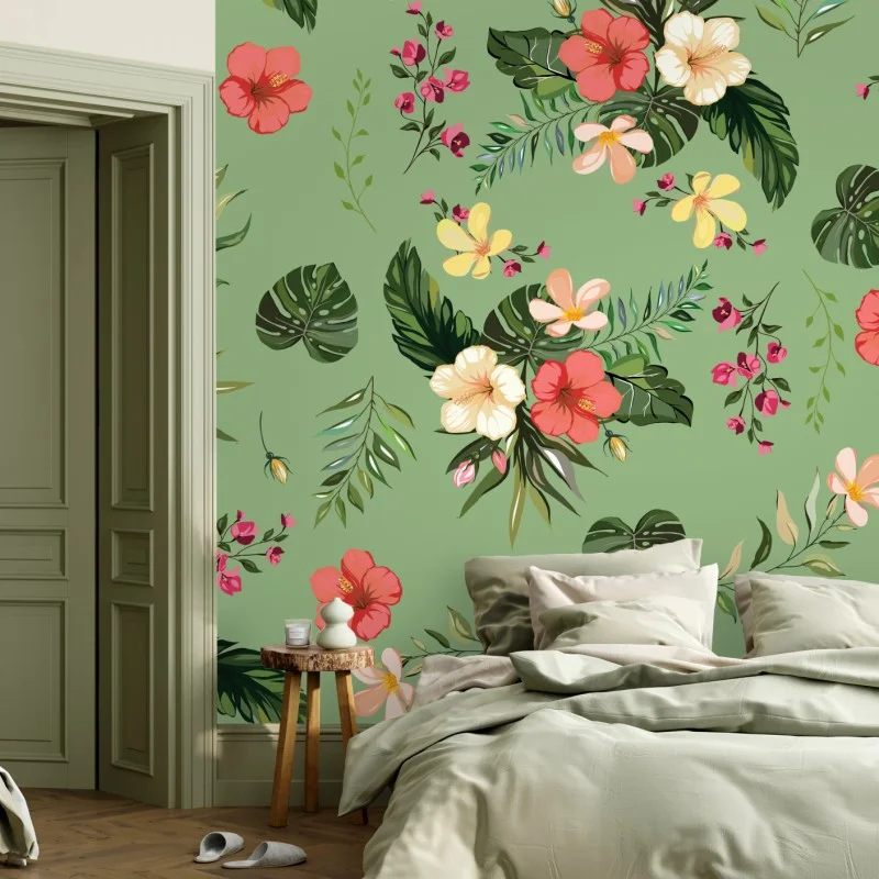 Wall mural green tropical hibiscus pattern
