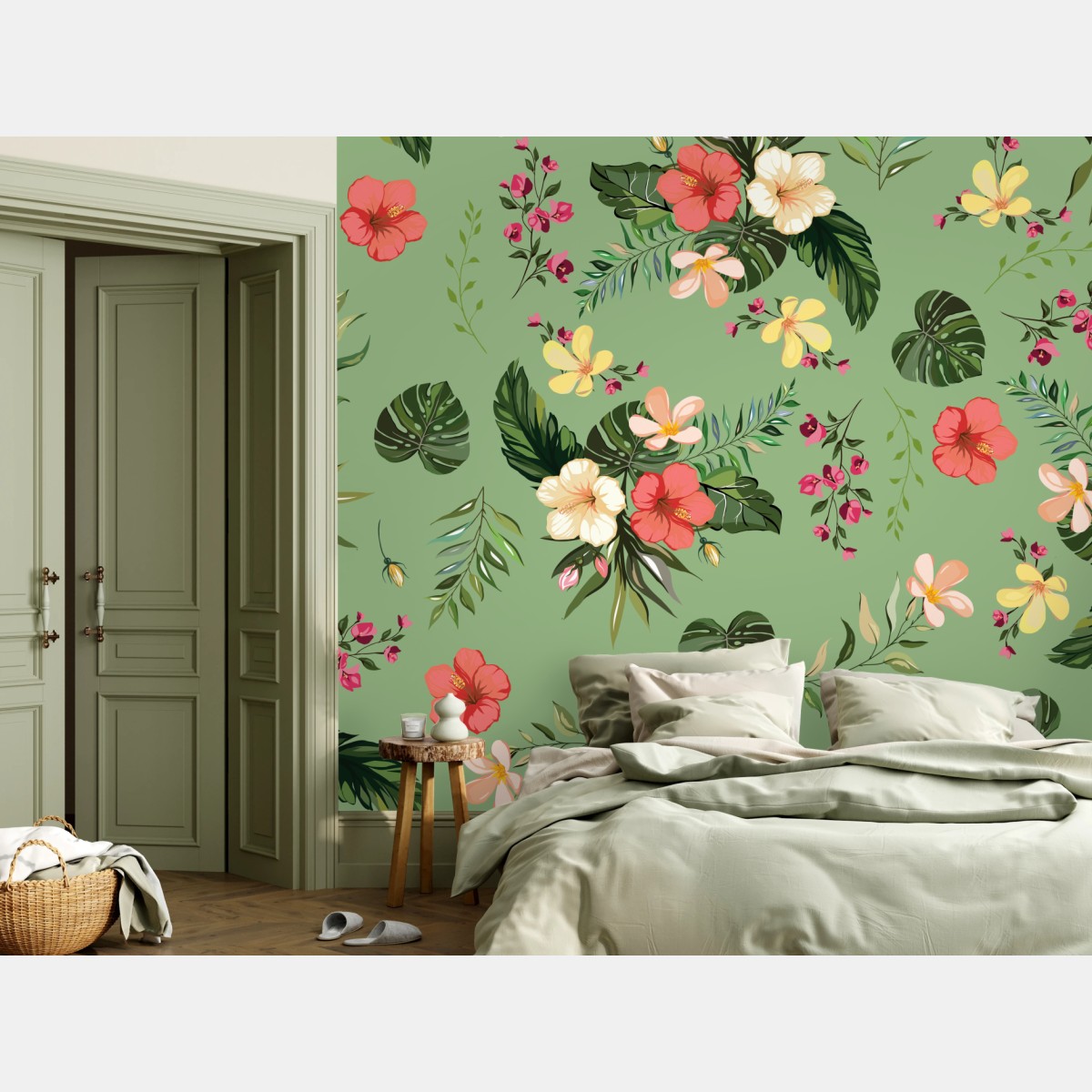 Wall mural green tropical hibiscus pattern • Wallissimo®