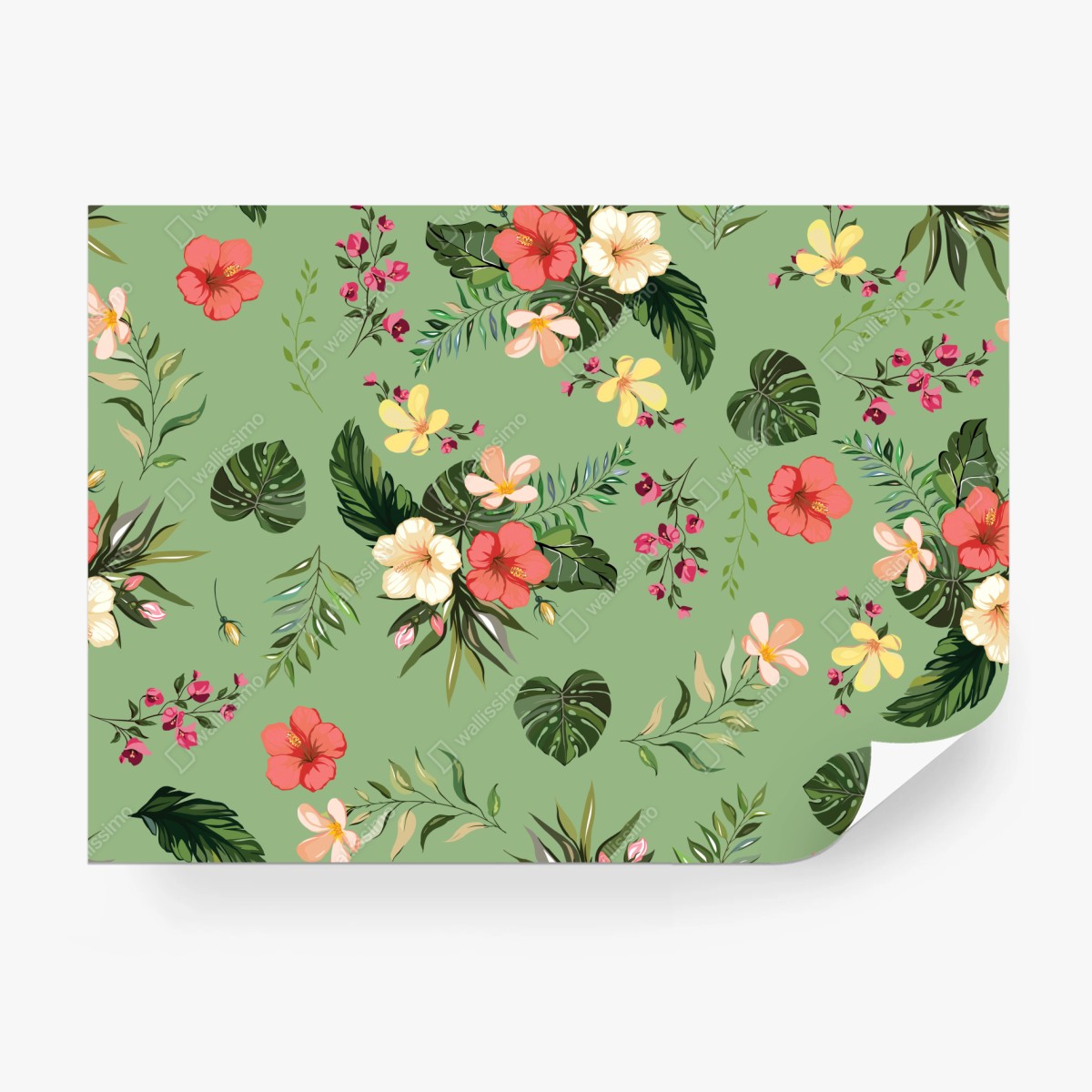 Wall mural green tropical hibiscus pattern • Wallissimo®