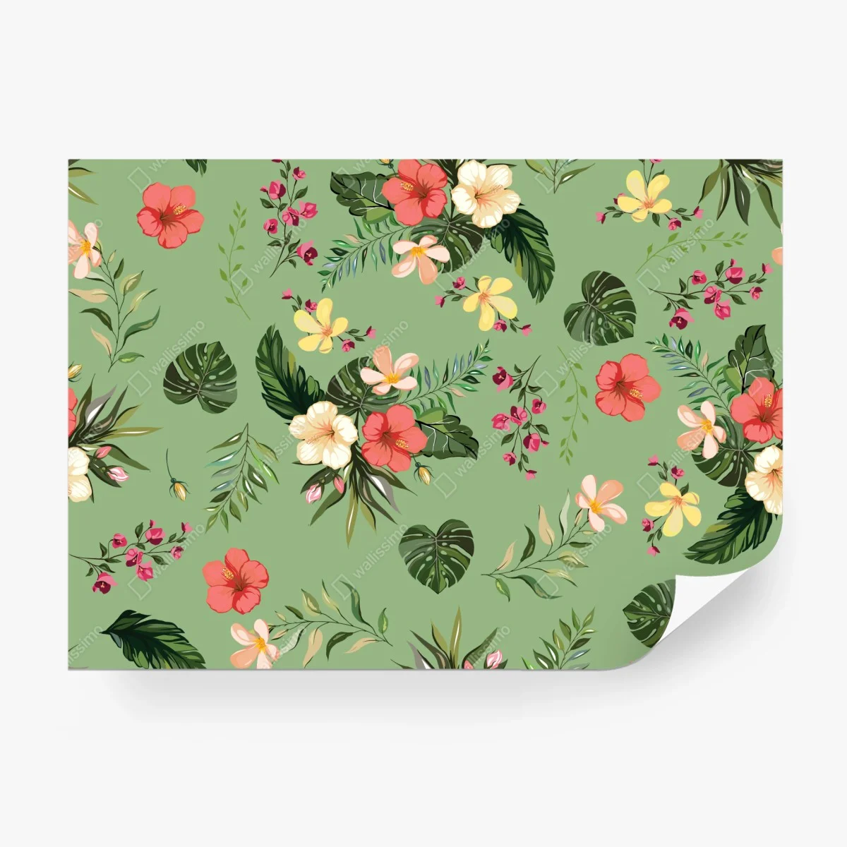 Wall mural green tropical hibiscus pattern • Wallissimo® Wall mural green tropical hibiscus pattern • Wallissimo®
