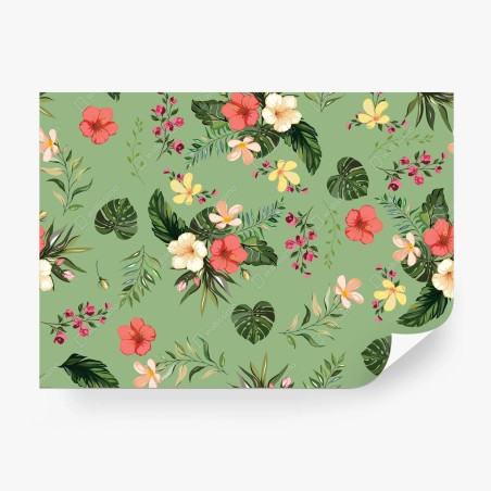 Wall mural green tropical hibiscus pattern • Wallissimo®