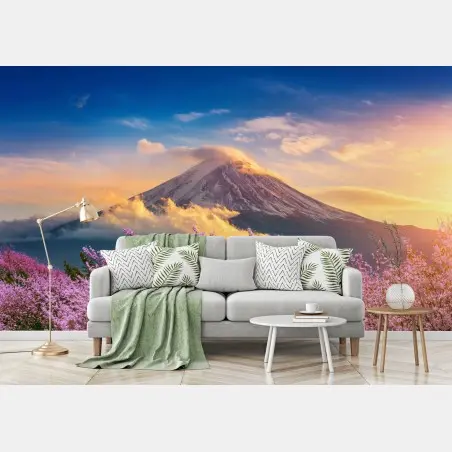 Wall mural Mount Fuji with cherry blossoms at sunrise • Wallissimo®