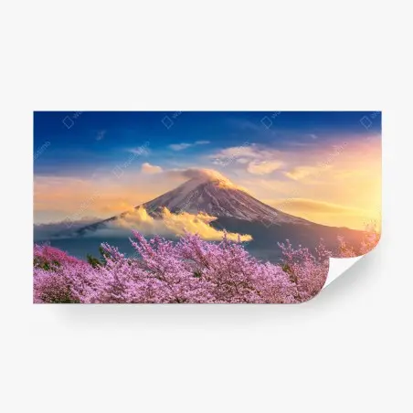Wall mural Mount Fuji with cherry blossoms at sunrise • Wallissimo®