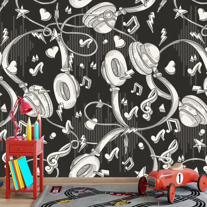 Wall mural monochrome headphones and music notes pattern