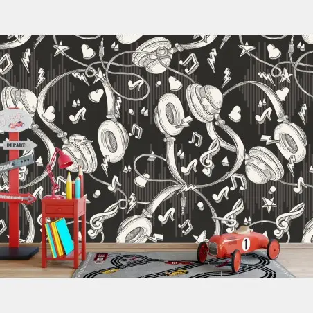 Wall mural monochrome headphones and music notes pattern • Wallissimo®