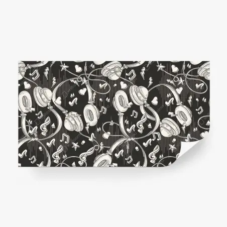 Wall mural monochrome headphones and music notes pattern • Wallissimo®
