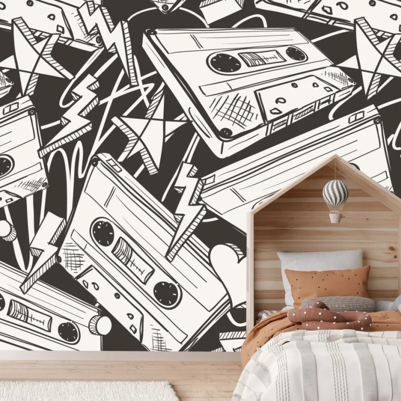 Wall mural vintage cassette tape pattern