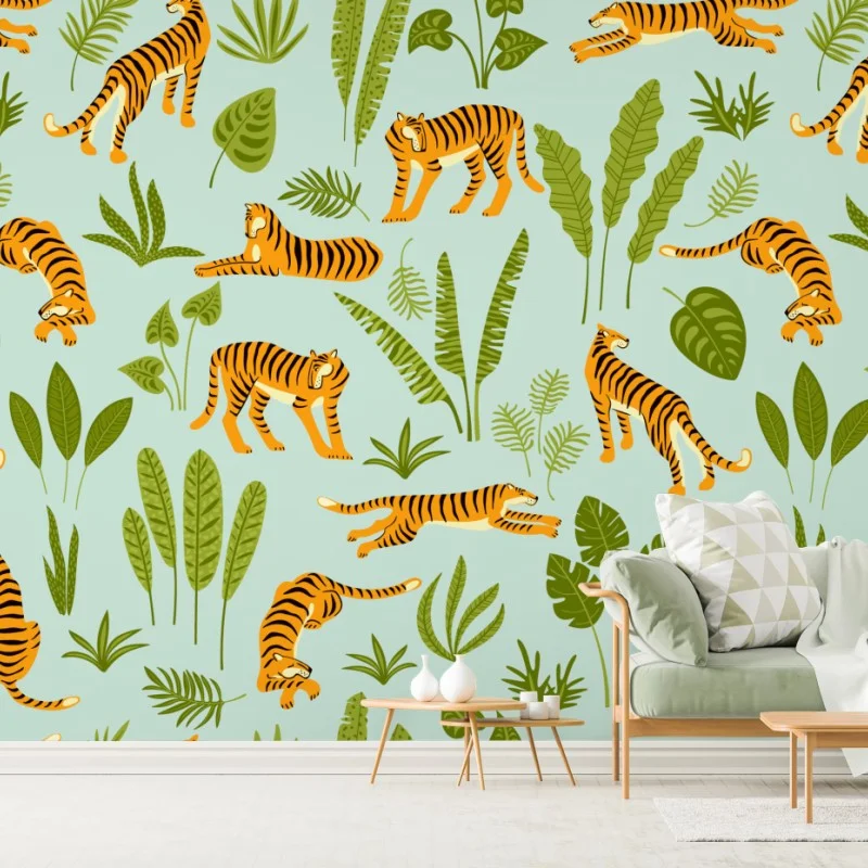 Wall mural playful tiger jungle pattern