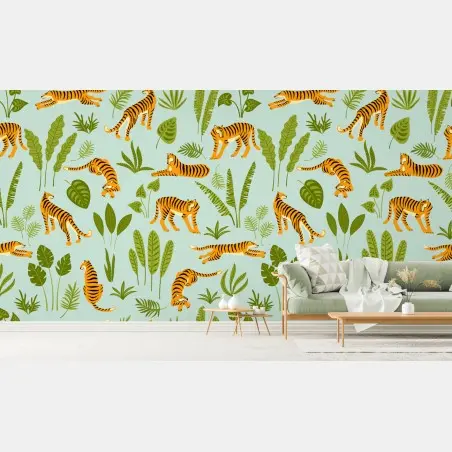 Wall mural playful tiger jungle pattern • Wallissimo®