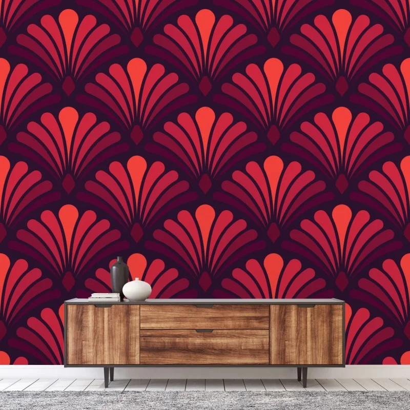 Wall mural art deco fan pattern in coral and burgundy