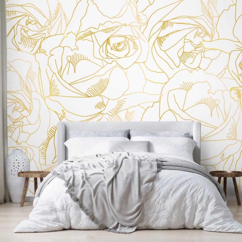 Wall mural delicate gold rose line art pattern