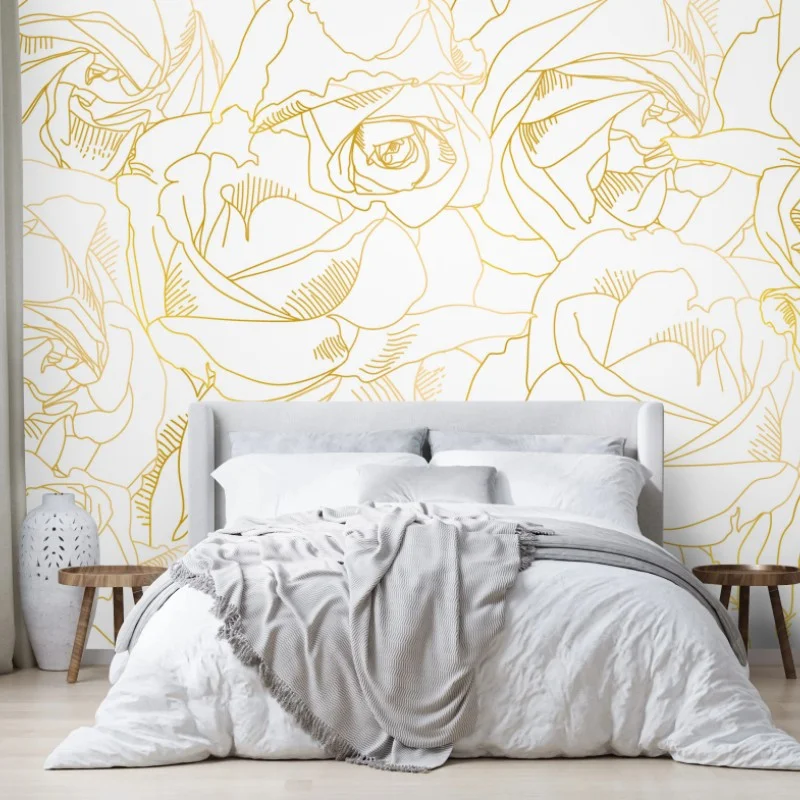 Wall mural delicate gold rose line art pattern