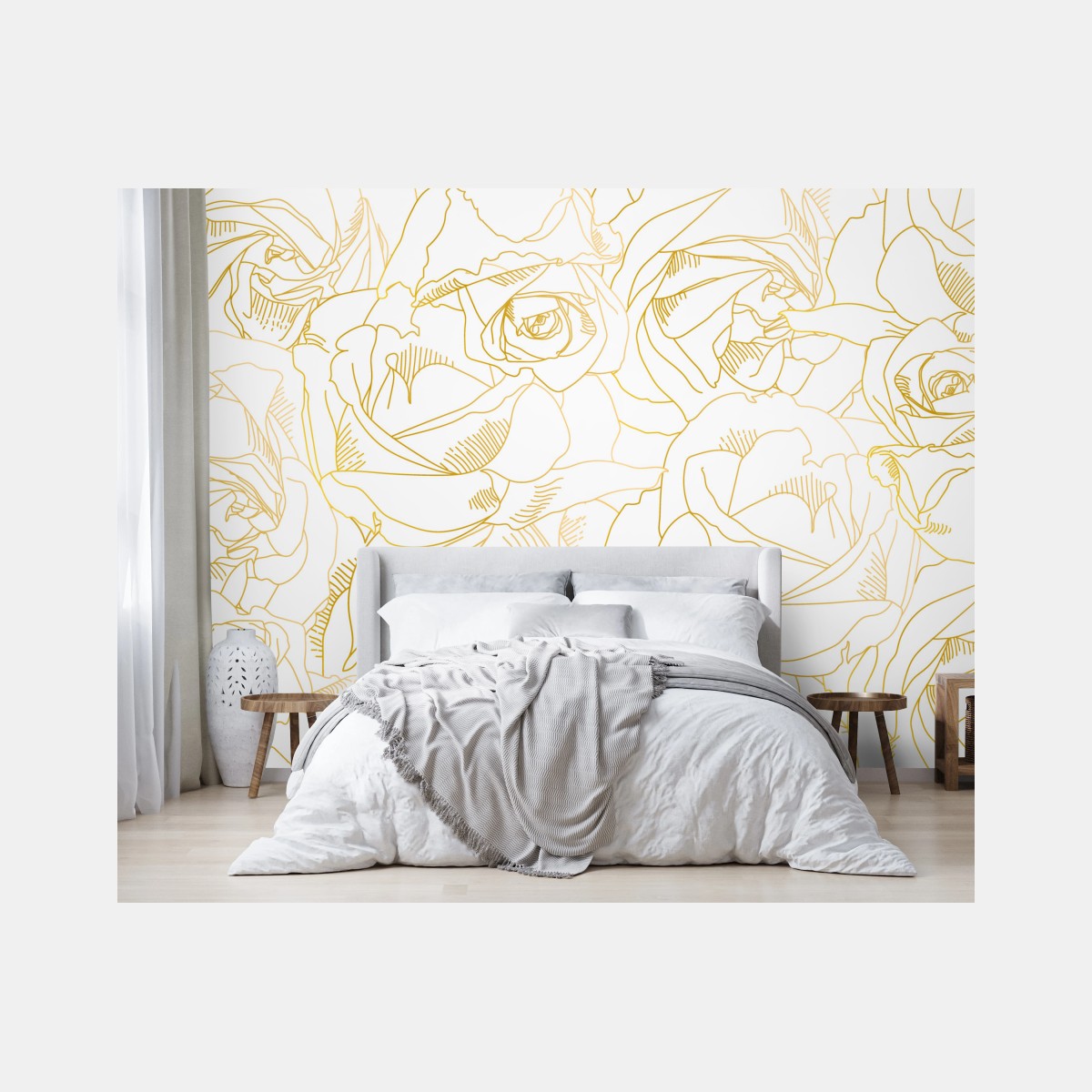 Wall mural delicate gold rose line art pattern • Wallissimo®
