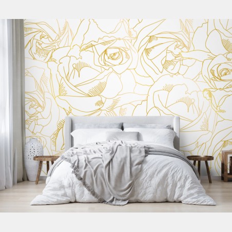 Wall mural delicate gold rose line art pattern • Wallissimo®