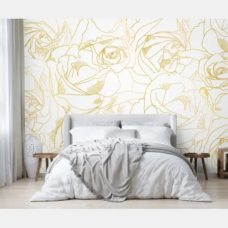 Wall mural delicate gold rose line art pattern • Wallissimo®