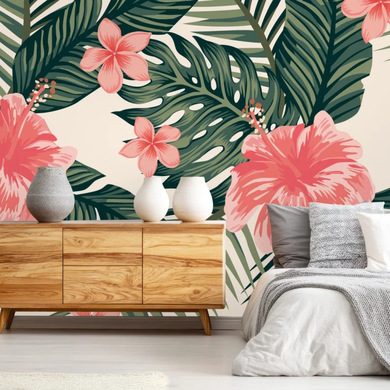 Wall mural tropical hibiscus floral pattern