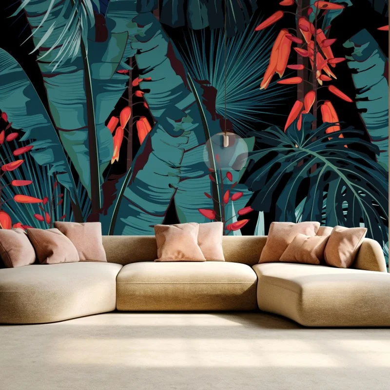 Wall mural tropical teal jungle foliage