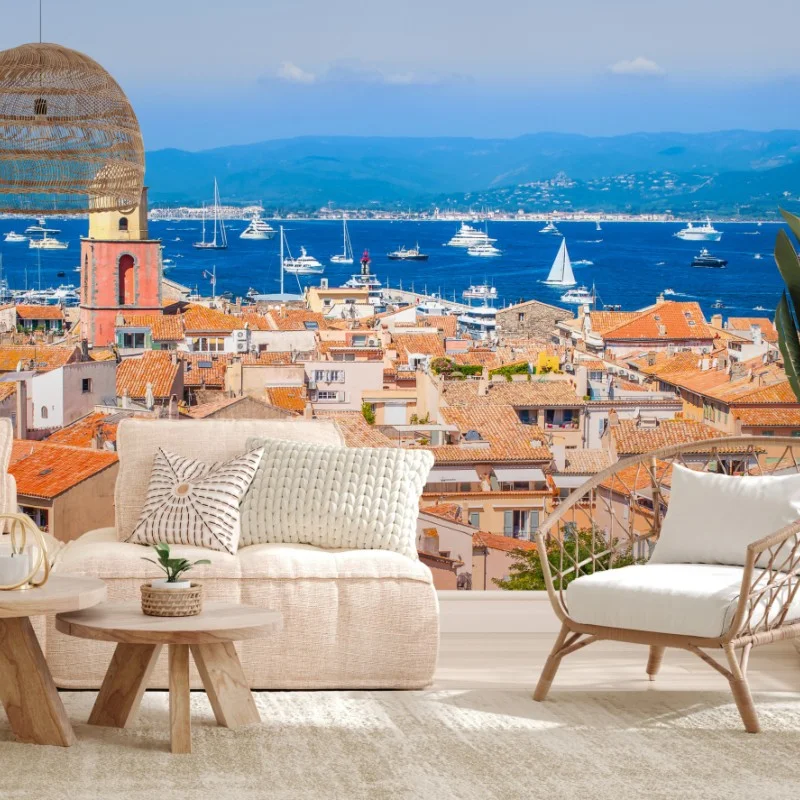 Wall mural sunlit Mediterranean harbor panorama