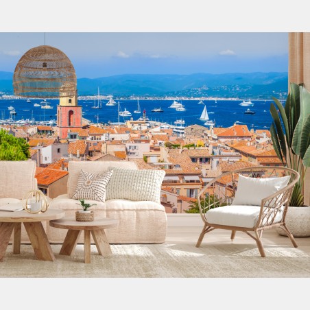 Wall mural sunlit Mediterranean harbor panorama • Wallissimo®
