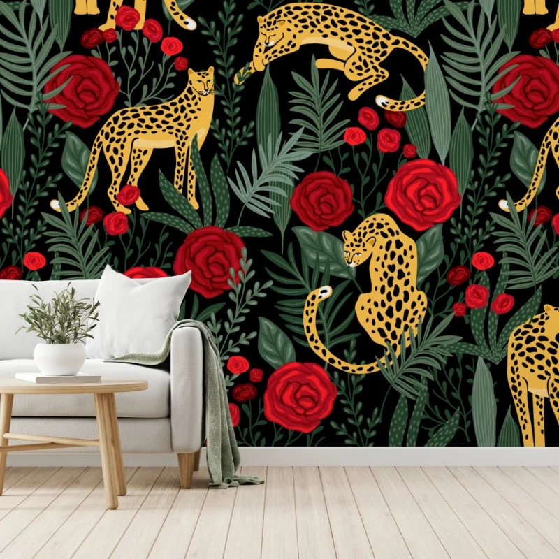 Wall mural golden leopards and red roses pattern