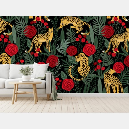 Wall mural golden leopards and red roses pattern • Wallissimo®