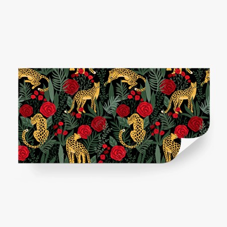 Wall mural golden leopards and red roses pattern • Wallissimo®