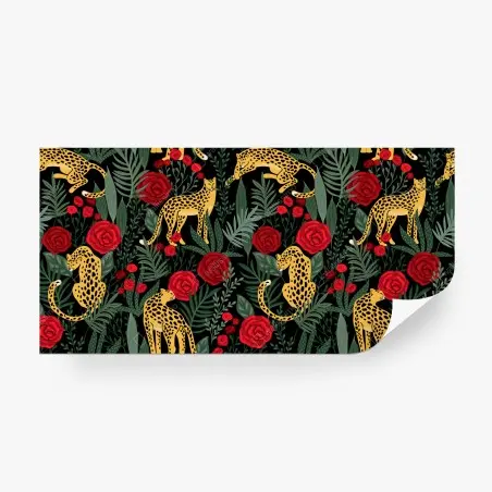 Wall mural golden leopards and red roses pattern • Wallissimo®