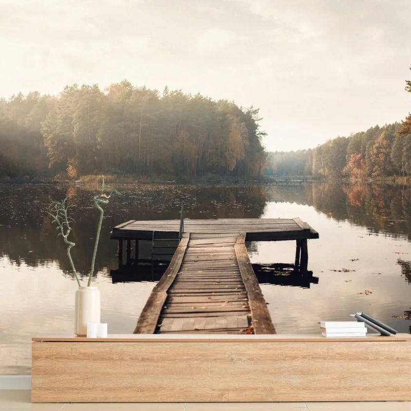 Wall mural autumn morning at the lakeside dock