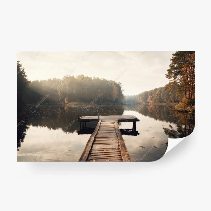 Wall mural autumn morning at the lakeside dock